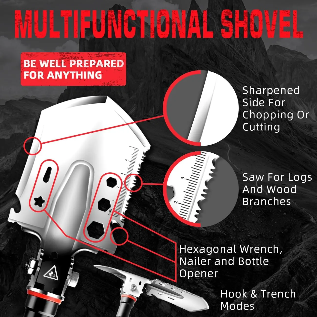Folding Survival Shovel, Portable Multifunctional Folding Camping Shovel, Unbreakable Military Spade with Pickaxe, Survival Gear and Equipment for Backpacking Hiking Car Emergency