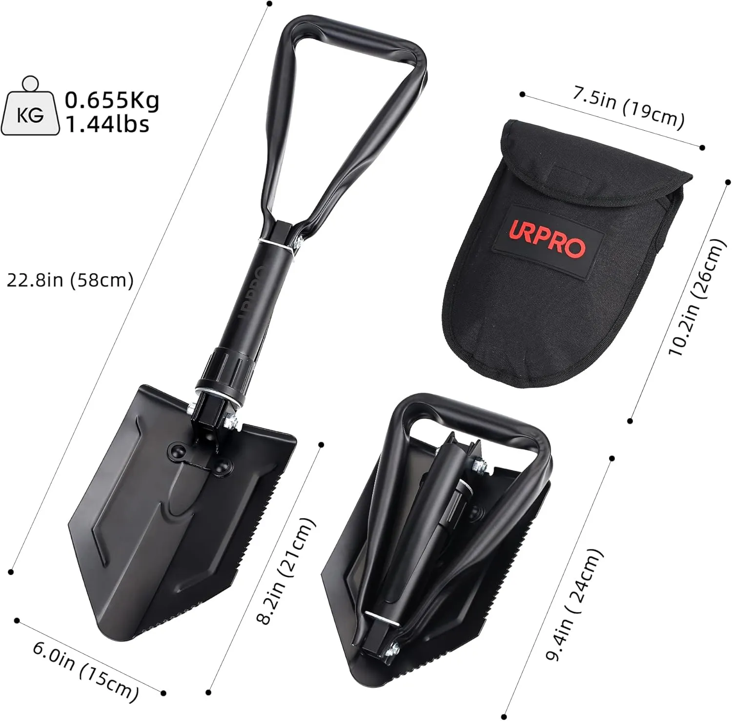 Folding Survival Shovel w/Pick, Portable Carbon Steel Handle and Blade, Entrenching, Military, Firefighting, Trenching Tool, for Camping, Gardening, Digging, Sand, Mud & Snow