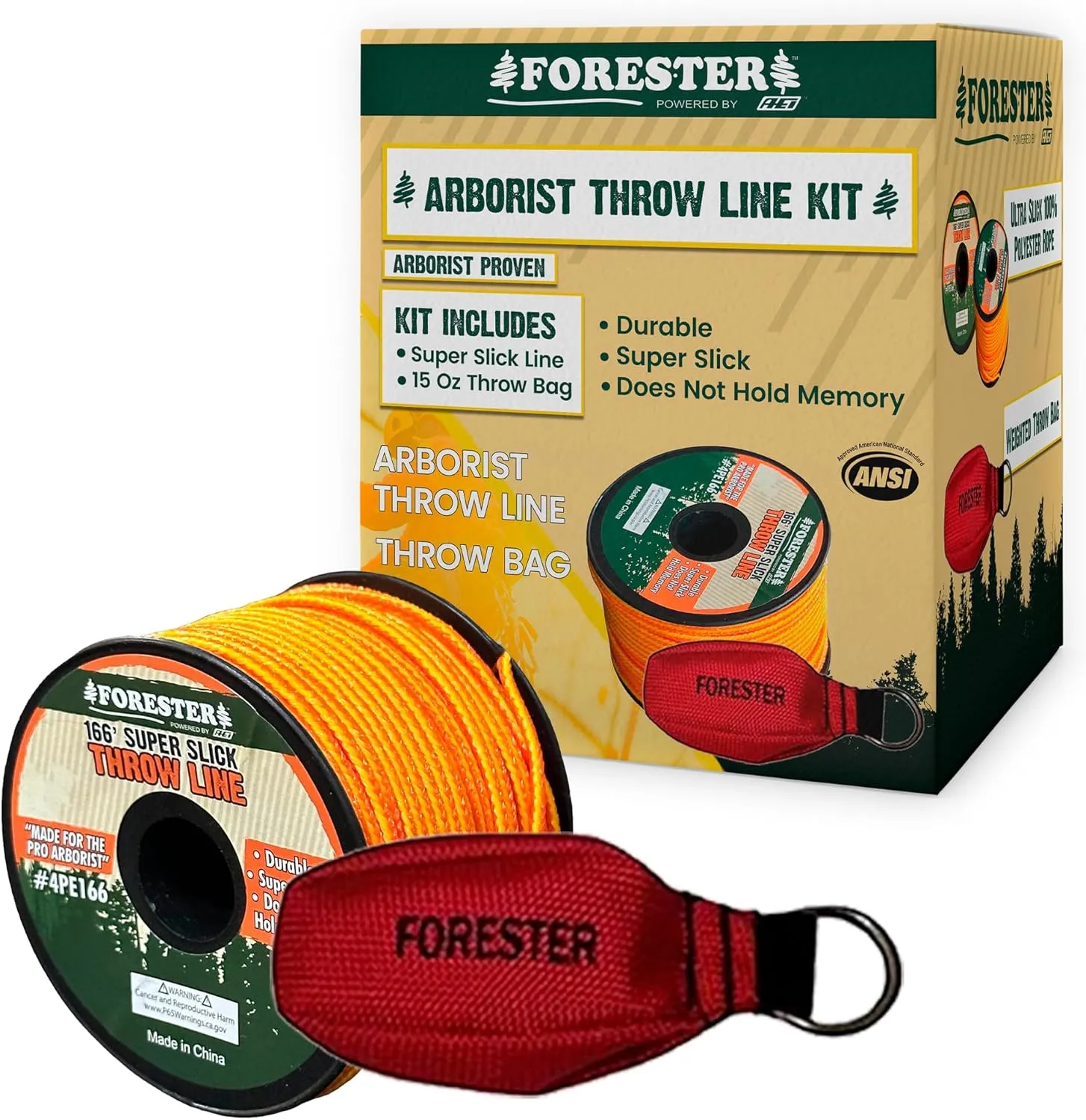 FORESTER Arborist Throw Line Kit - Ultra Slick 100% Polyester Rope with Weighted Throw Bag | Forestry Tree Gear for Low and High Limb Throwing | 3/16 Inch Thick Rope
