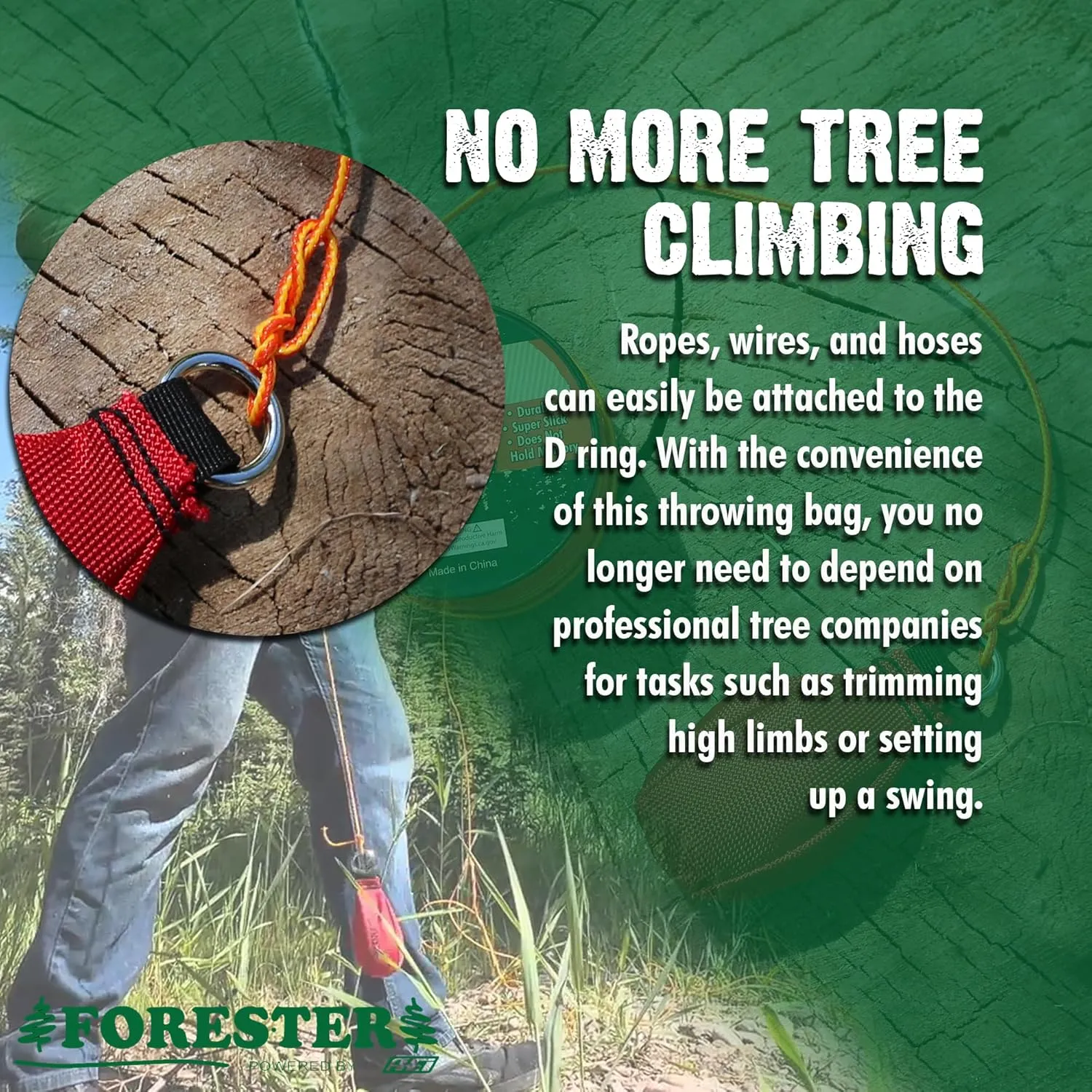 FORESTER Arborist Throw Line Kit - Ultra Slick 100% Polyester Rope with Weighted Throw Bag | Forestry Tree Gear for Low and High Limb Throwing | 3/16 Inch Thick Rope