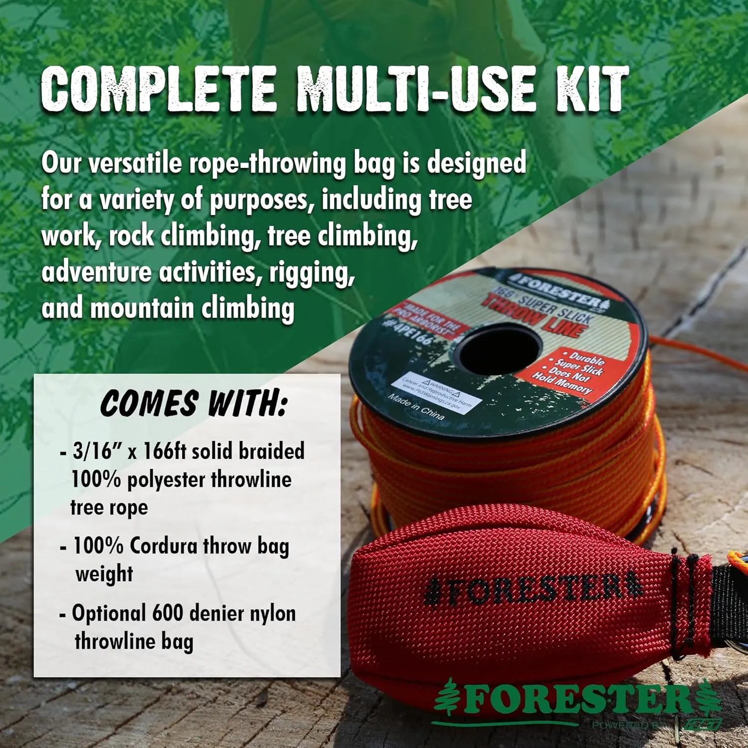 FORESTER Arborist Throw Line Kit - Ultra Slick 100% Polyester Rope with Weighted Throw Bag | Forestry Tree Gear for Low and High Limb Throwing | 3/16 Inch Thick Rope