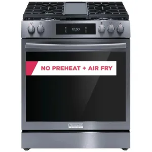 Frigidaire Gallery GCFG3060BD Gas Range, 6 cu. ft. Capacity, 30 inch Width, Self Clean, Convection, 5 Burners, Storage Drawer, Air Fry, 18,000 BTU Highest Burner, Black Stainless Steel color Fingerprint Resistant, Griddle