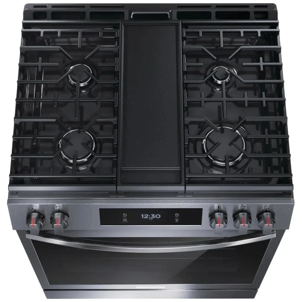 Frigidaire Gallery GCFG3060BD Gas Range, 6 cu. ft. Capacity, 30 inch Width, Self Clean, Convection, 5 Burners, Storage Drawer, Air Fry, 18,000 BTU Highest Burner, Black Stainless Steel color Fingerprint Resistant, Griddle