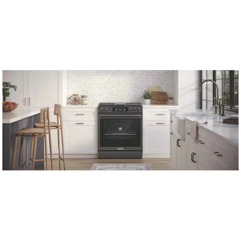 Frigidaire Gallery GCFG3060BD Gas Range, 6 cu. ft. Capacity, 30 inch Width, Self Clean, Convection, 5 Burners, Storage Drawer, Air Fry, 18,000 BTU Highest Burner, Black Stainless Steel color Fingerprint Resistant, Griddle