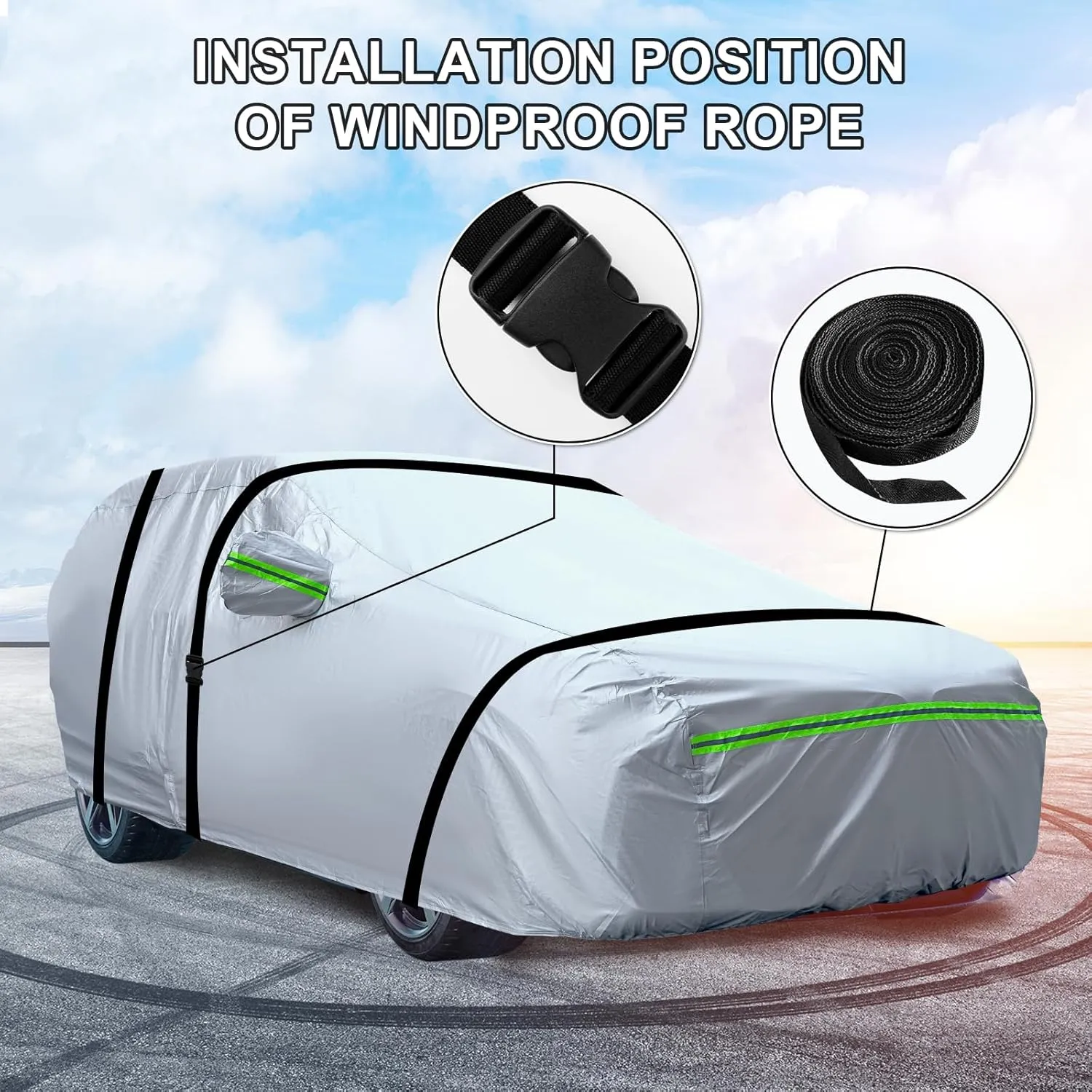 Full Car Cover Universal 6 Layers Outdoor Thicked All Weather Cover, Sunshield, Waterproof, Snow Proof, UV Proof, Scratch Proof, Bird Droppings, 6 Reflective Strips, Fits Sedans up 188"-198"