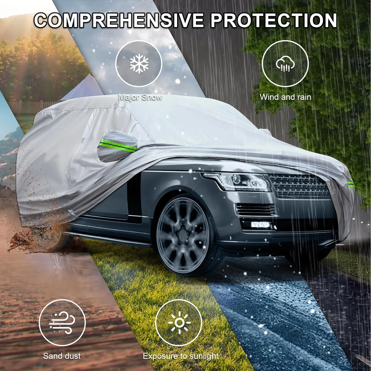 Full Car Cover Universal 6 Layers Outdoor Thicked All Weather Cover, Sunshield, Waterproof, Snow Proof, UV Proof, Scratch Proof, Bird Droppings, 6 Reflective Strips, Fits Sedans up 188"-198"