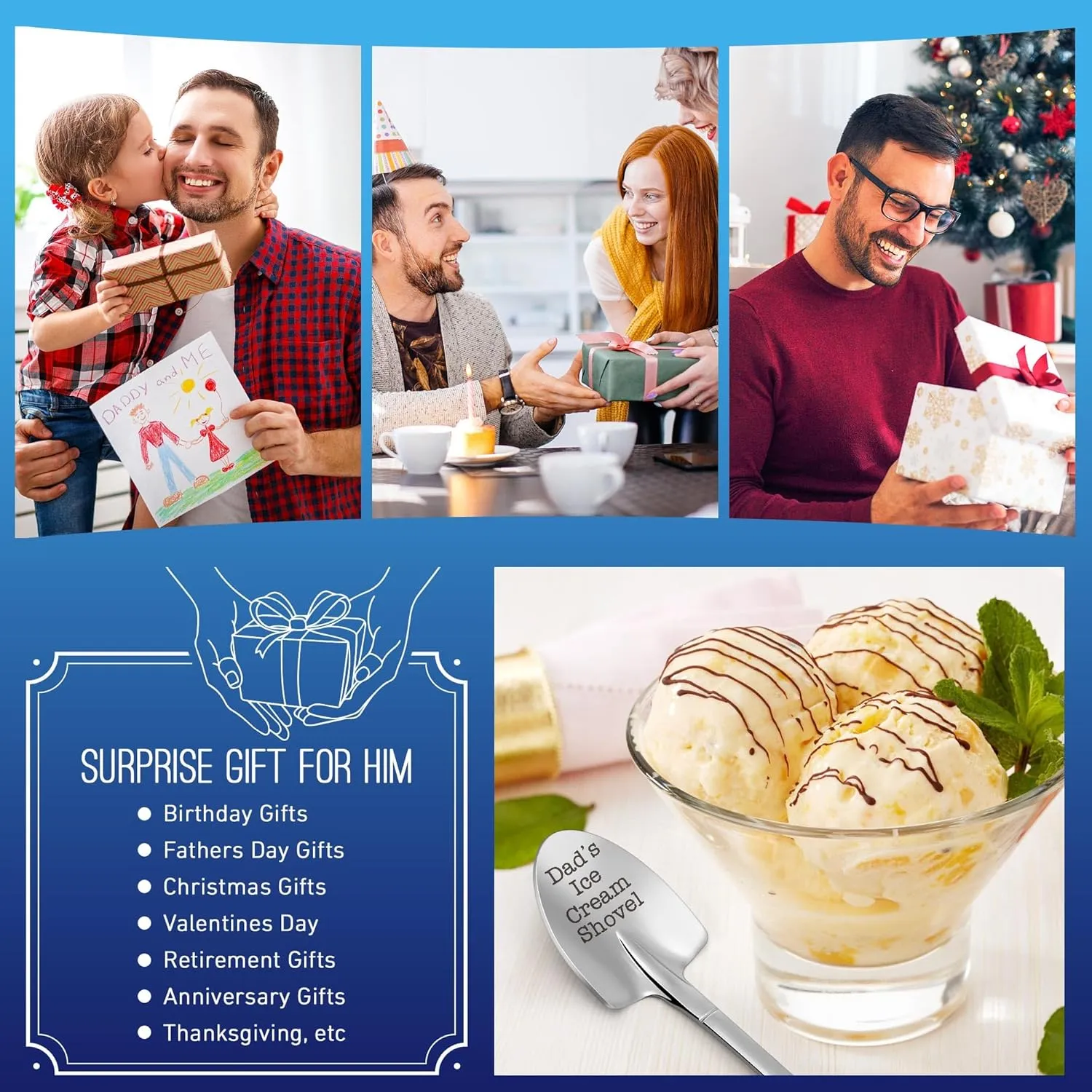 Funny Dad's Ice Cream Spoon Gifts for Dad Christmas Presents Step Dad, Bonus Dad, Husband - Unique Stocking Stuffers for Men Dad Birthday Father's Day for Papa Daddy Gift from Kids Daughter Son Wife