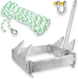 Galvanized Boat Folding Square Anchor Kit with 3/8 inch x 150 FT Rope and Shackle 13lb, 19lb, or 25 lb