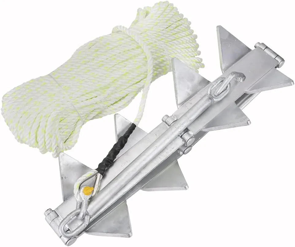 Galvanized Boat Folding Square Anchor Kit with 3/8 inch x 150 FT Rope and Shackle 13lb, 19lb, or 25 lb