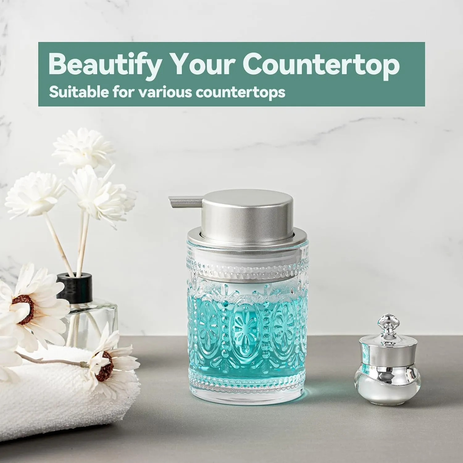 Glass Foaming Soap Dispenser Set - 2 Pack Foam Hand Soap Dispenser for Bathroom, Clear Hand Wash Dispenser Bottle with Matte Silver Pump for Kitchen, 8 Oz Refillable Dish Liquid Foam Dispenser 2 Pcs
