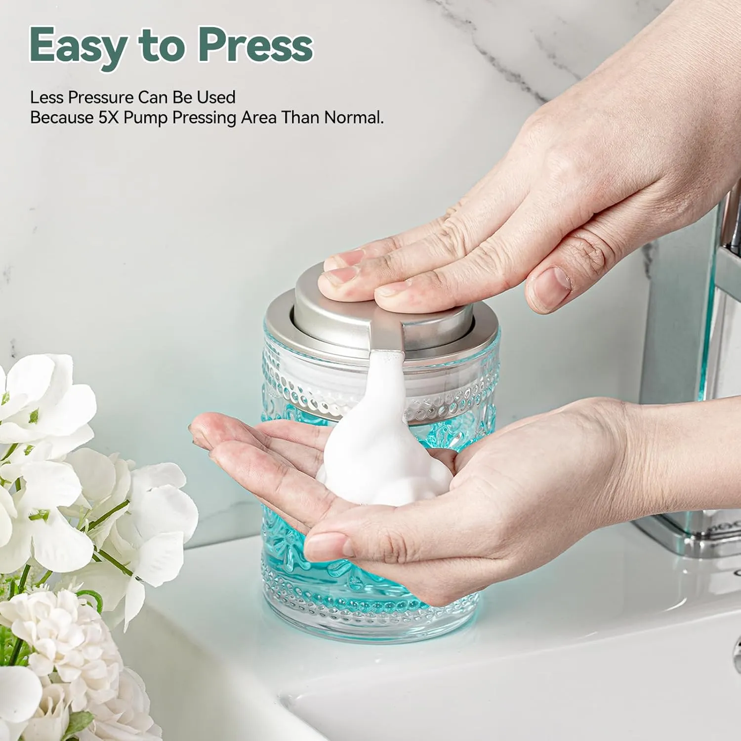 Glass Foaming Soap Dispenser Set - 2 Pack Foam Hand Soap Dispenser for Bathroom, Clear Hand Wash Dispenser Bottle with Matte Silver Pump for Kitchen, 8 Oz Refillable Dish Liquid Foam Dispenser 2 Pcs