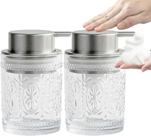 Glass Foaming Soap Dispenser Set - 2 Pack Foam Hand Soap Dispenser for Bathroom, Clear Hand Wash Dispenser Bottle with Matte Silver Pump for Kitchen, 8 Oz Refillable Dish Liquid Foam Dispenser 2 Pcs