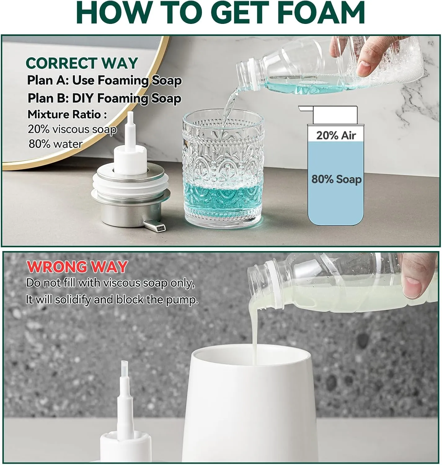 Glass Foaming Soap Dispenser Set - 2 Pack Foam Hand Soap Dispenser for Bathroom, Clear Hand Wash Dispenser Bottle with Matte Silver Pump for Kitchen, 8 Oz Refillable Dish Liquid Foam Dispenser 2 Pcs