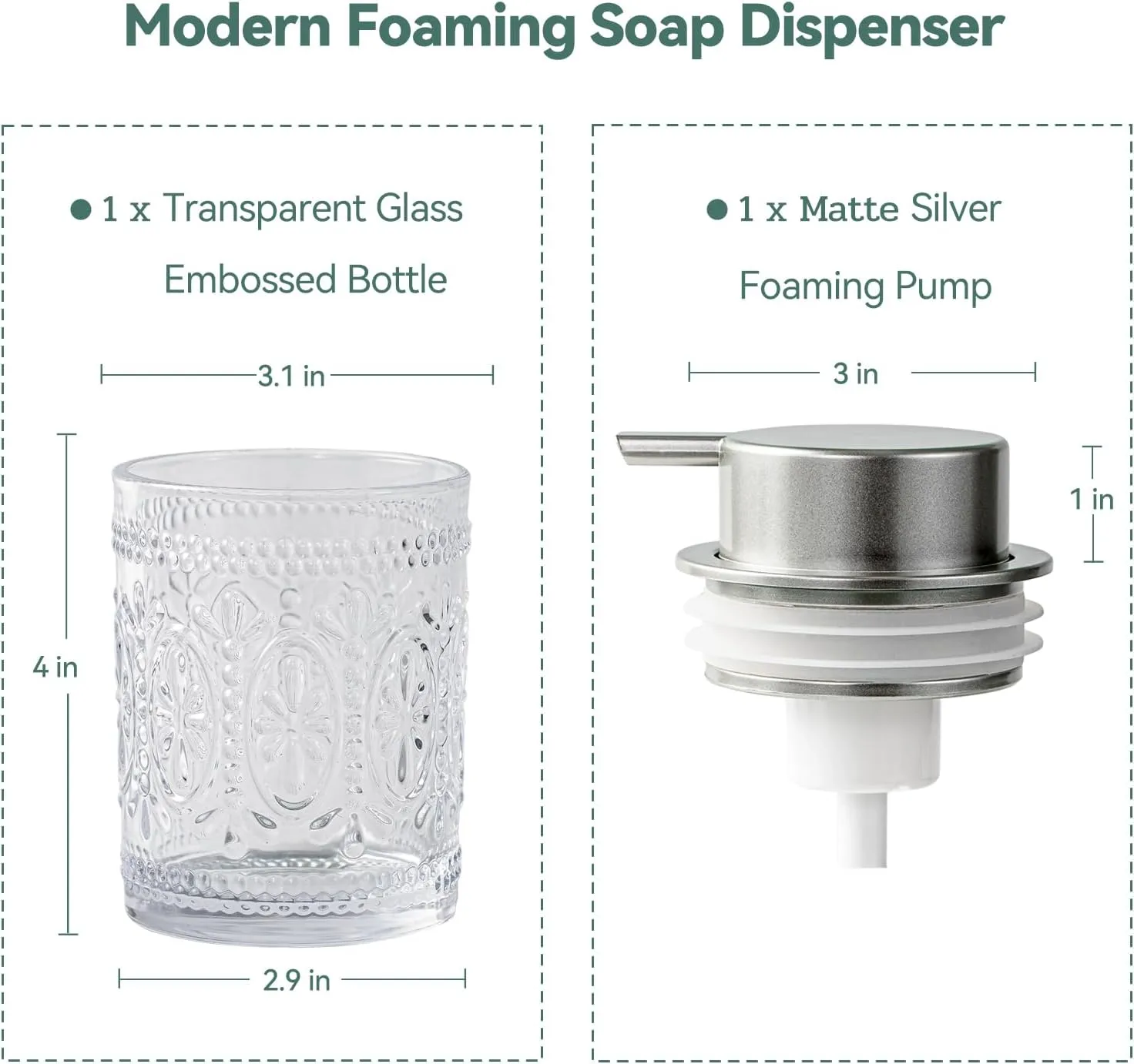 Glass Foaming Soap Dispenser Set - 2 Pack Foam Hand Soap Dispenser for Bathroom, Clear Hand Wash Dispenser Bottle with Matte Silver Pump for Kitchen, 8 Oz Refillable Dish Liquid Foam Dispenser 2 Pcs