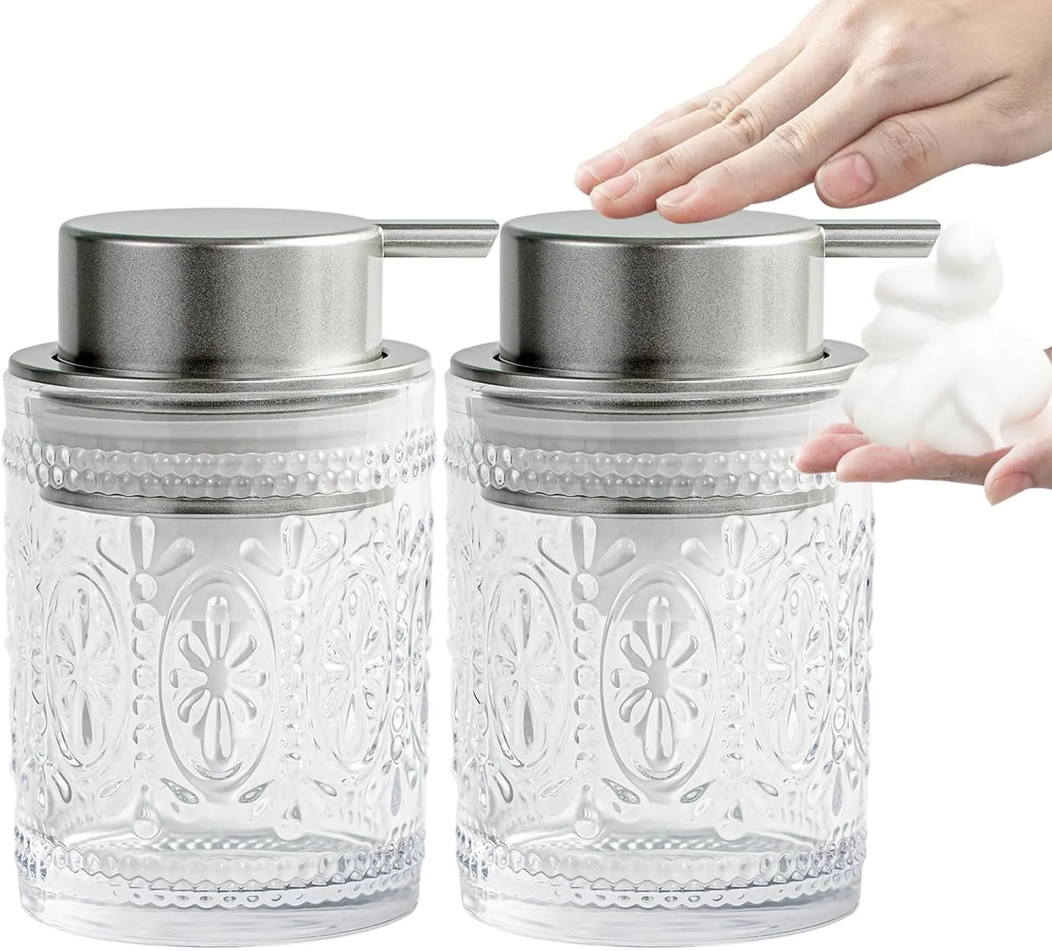 Glass Foaming Soap Dispenser Set - 2 Pack Foam Hand Soap Dispenser for Bathroom, Clear Hand Wash Dispenser Bottle with Matte Silver Pump for Kitchen, 8 Oz Refillable Dish Liquid Foam Dispenser 2 Pcs