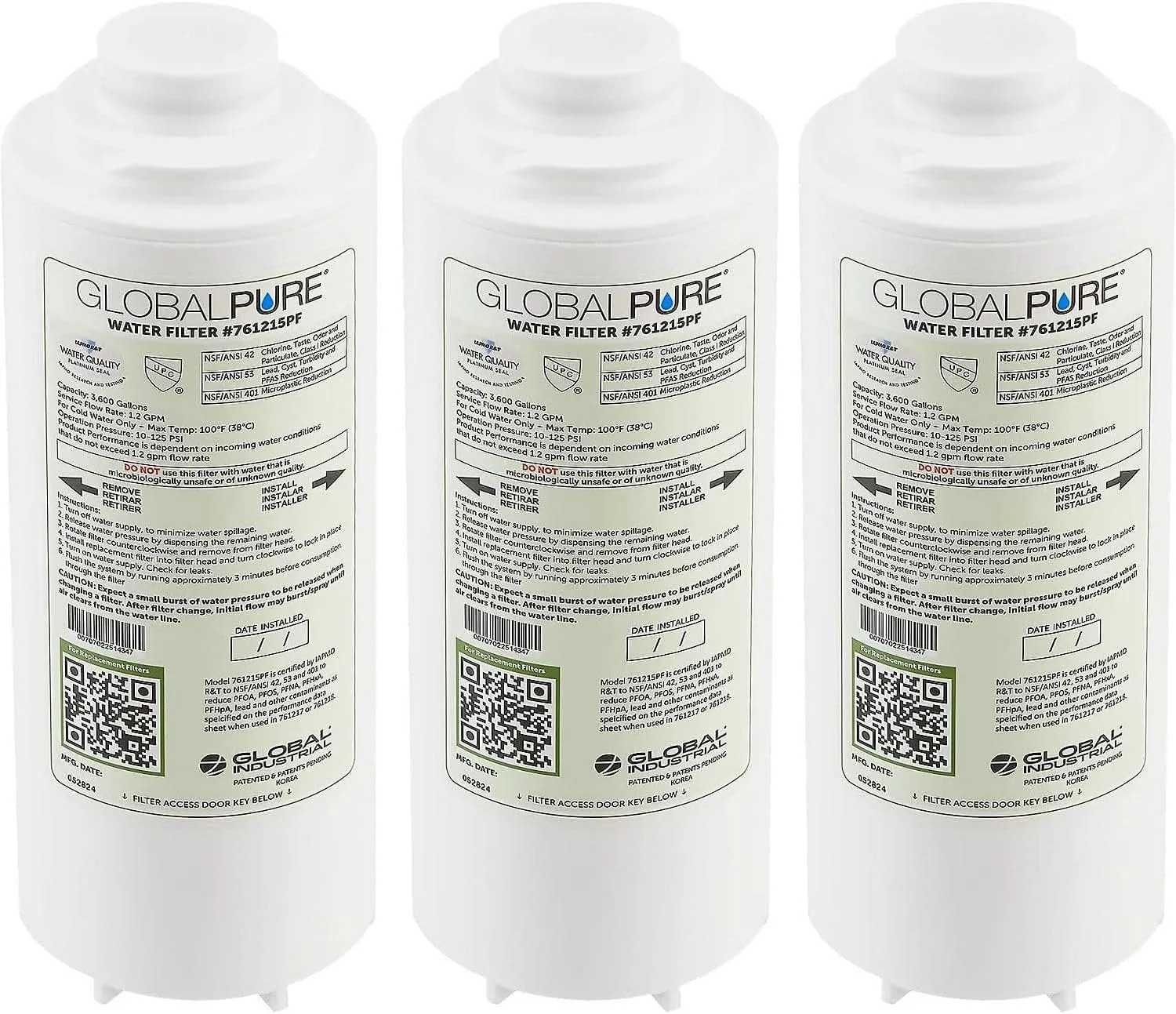 Global Industrial Global Pure Replacement Water Filter PFAS, 3,600 Gallon Capacity, Drinking Fountain and Bottle Fillers Replacement Filter, Cold Water Filter Only, 3/Pack
