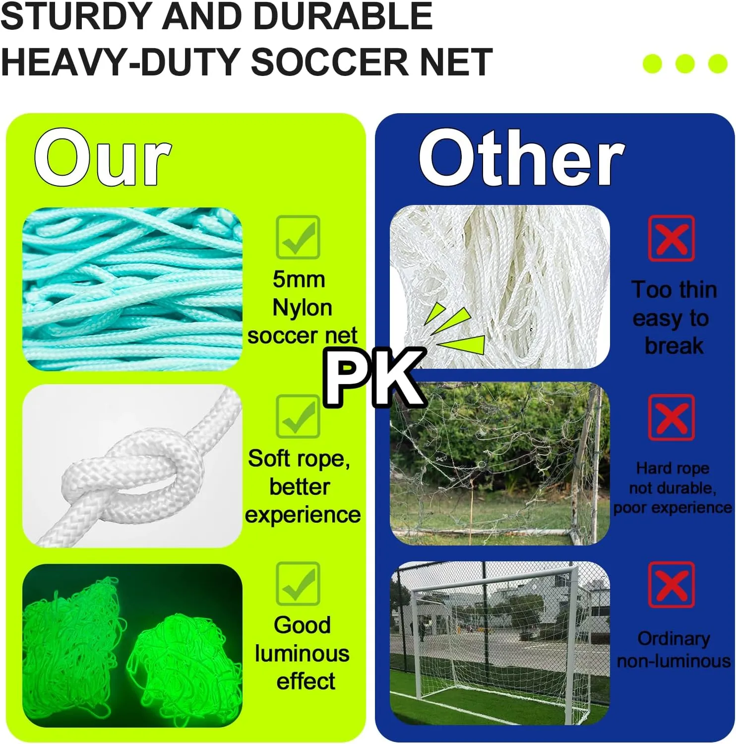Glow in The Dark Soccer Net,Luminous Soccer Goal,Soccer Goals for Backyard,Soccer Net Replacement,12x6 and 6'x4 Soccer Goal Net Replacement,Post Not Included.
