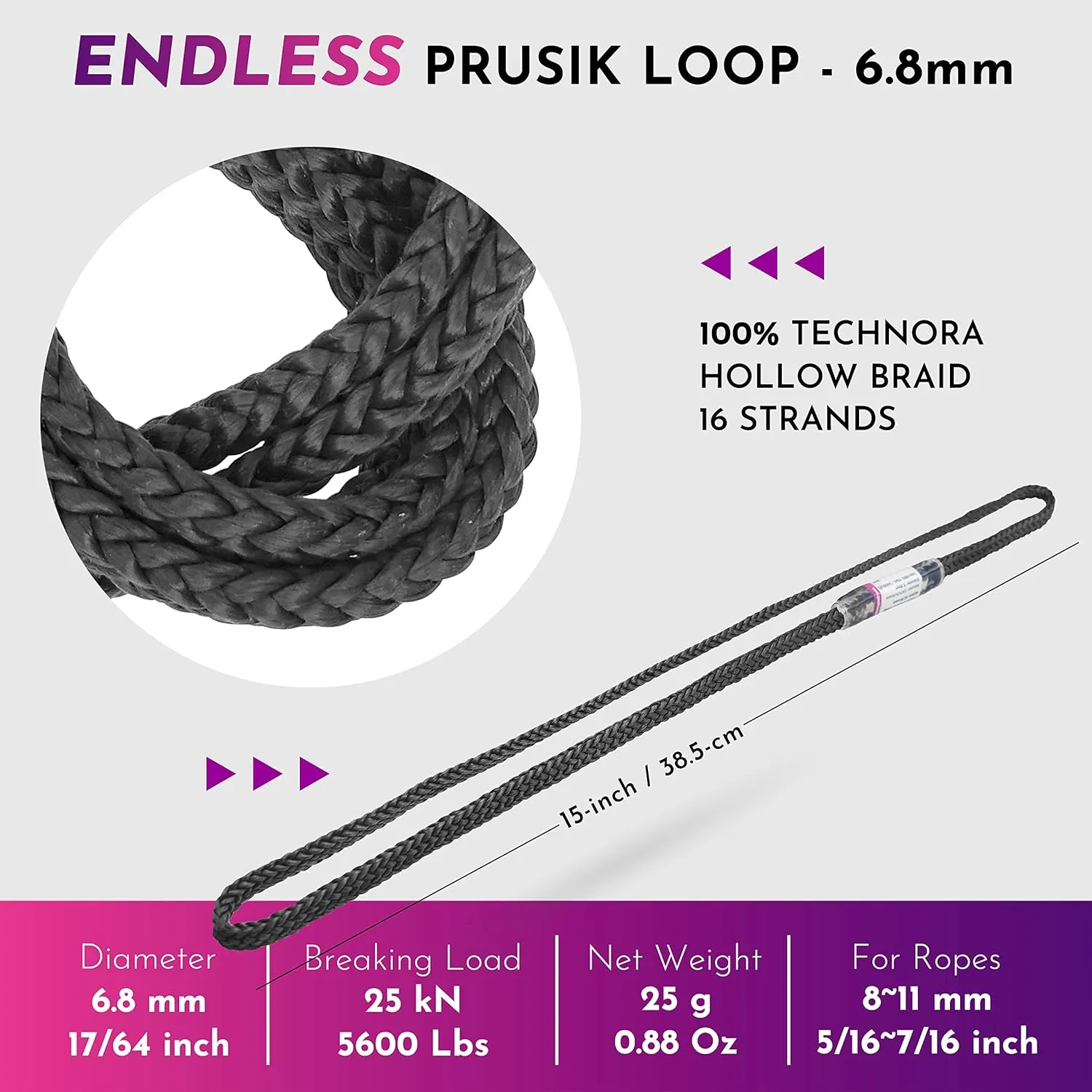 GM CLIMBING 6.8mm Endless Prusik Loop 15-inch 100% Technora 25kN Heat Resistant for Rappelling, Mountaineering, Rescue