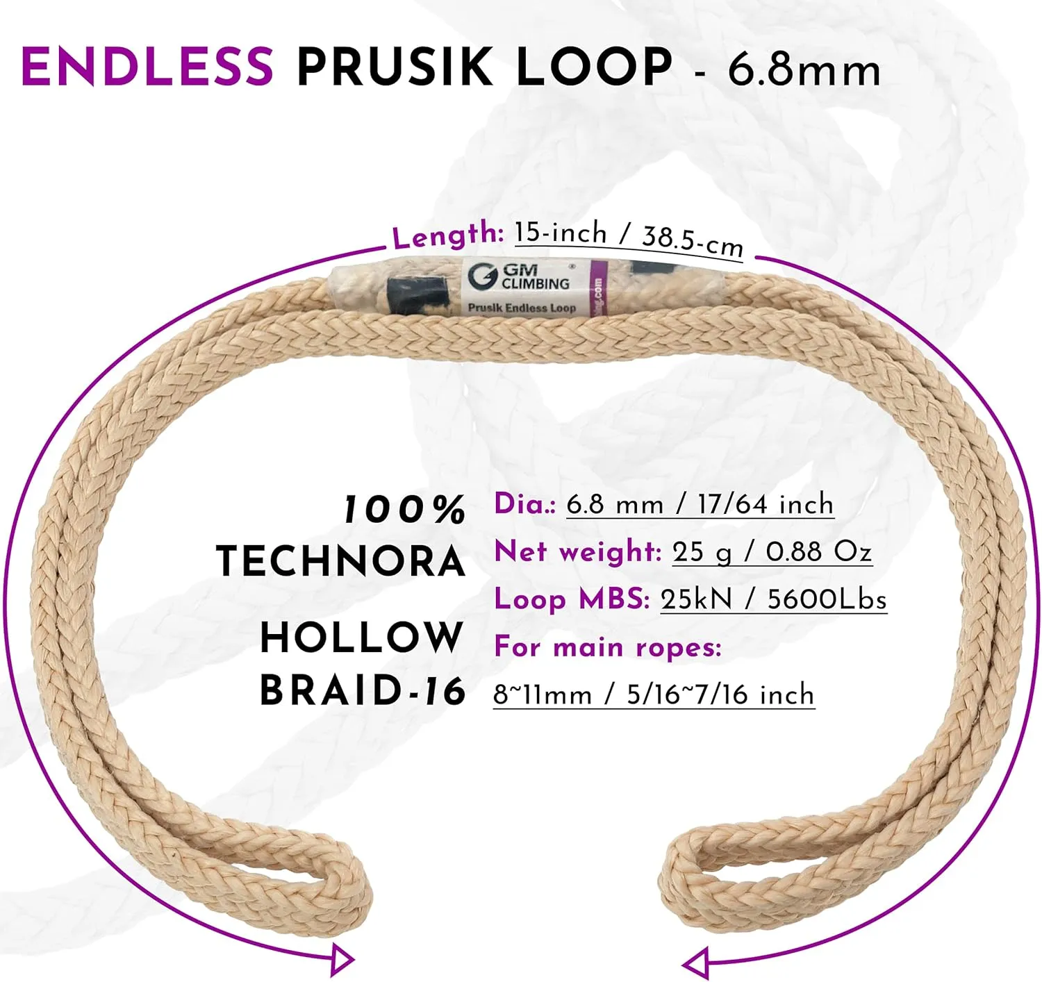 GM CLIMBING 6.8mm Endless Prusik Loop 15-inch 100% Technora 25kN Heat Resistant for Rappelling, Mountaineering, Rescue