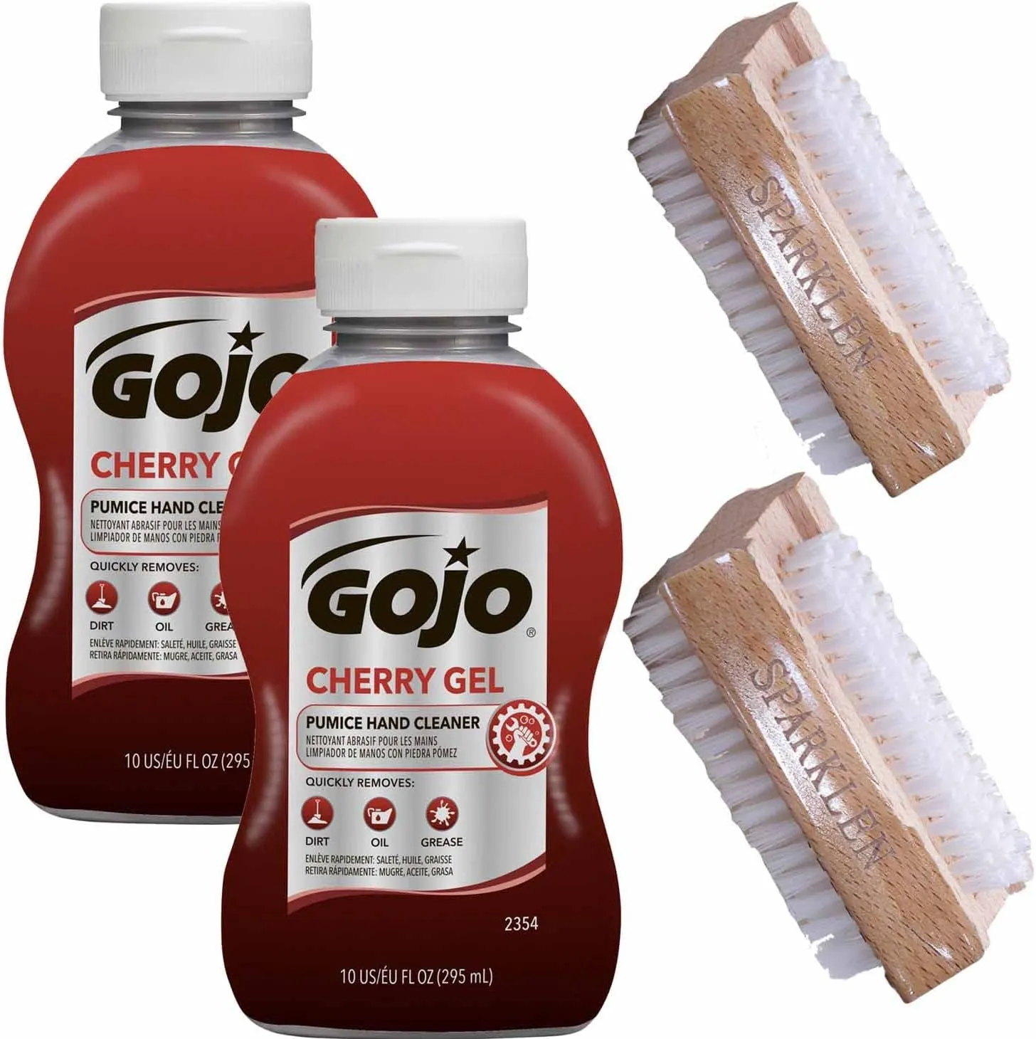 GOJO Cherry Gel Pumice Hand Cleaner Heavy Duty Cleaner Cherry Scented Scrub, 2 Bottles 10 OZ each [Total of 20 Oz.] with 2 compatible Wooden Nail Brushes