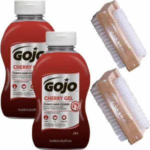GOJO Cherry Gel Pumice Hand Cleaner Heavy Duty Cleaner Cherry Scented Scrub, 2 Bottles 10 OZ each [Total of 20 Oz.] with 2 compatible Wooden Nail Brushes