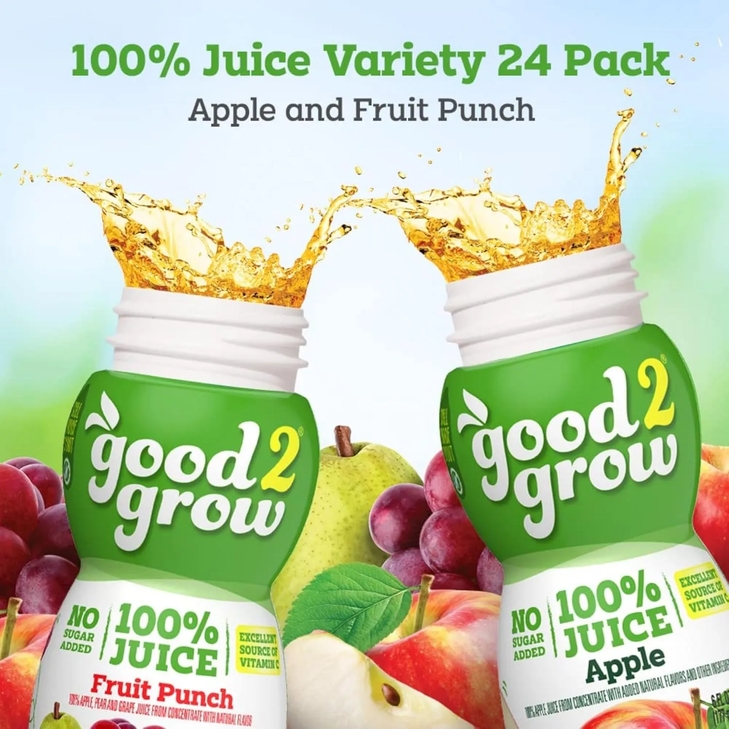 good2grow 100% Apple Juice & Fruit Punch Flavored Juice for Kids- Juice Bottles Bulk 24 Pack, Reusable Bottle, No Sugar Added, Source of Vitamin C- 6 fl oz, Pack of 24 (Spill Proof Tops Not Included)