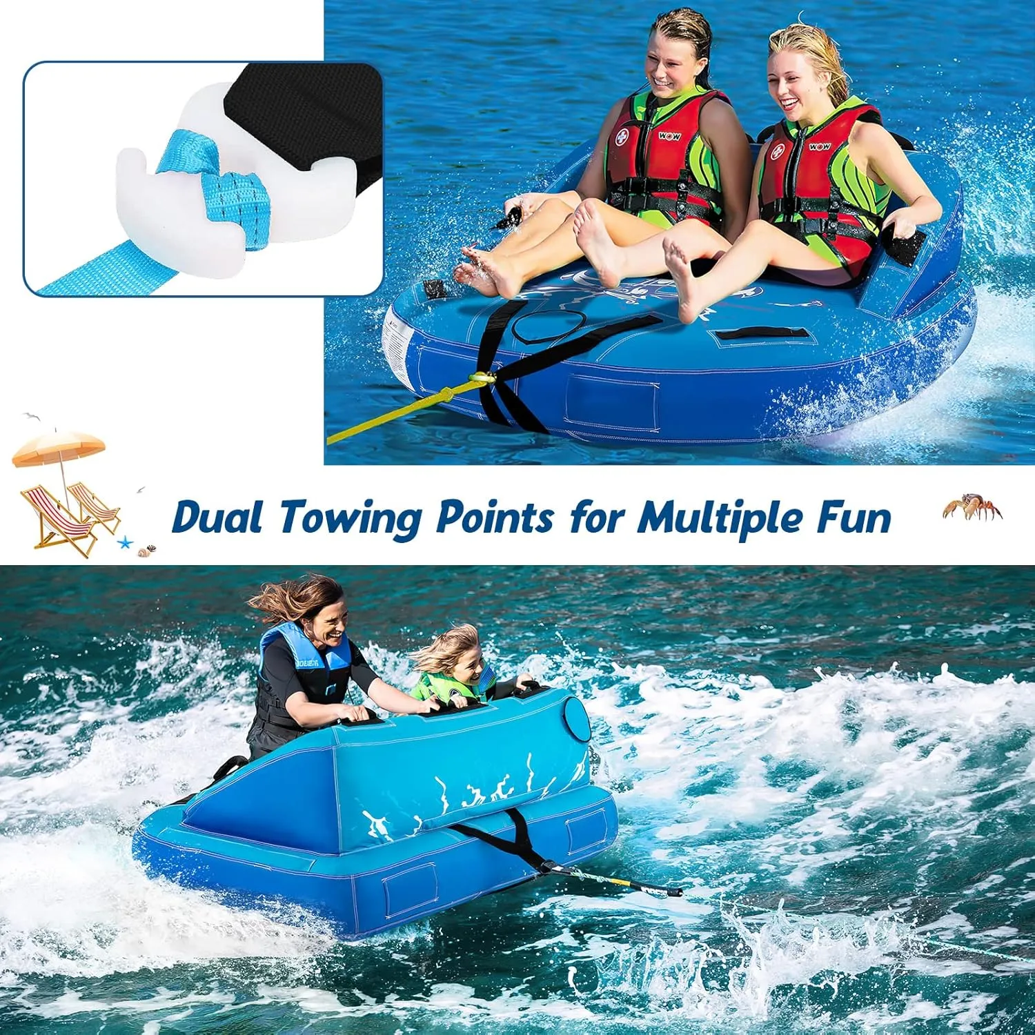 Goplus Inflatable Towable Tubes for Boating, 1-2/1-3 Riders Water Sports Tube for Boat to Pull, Sofa Style Boat Tube with Drainage, Dual Front and Back Tow Points