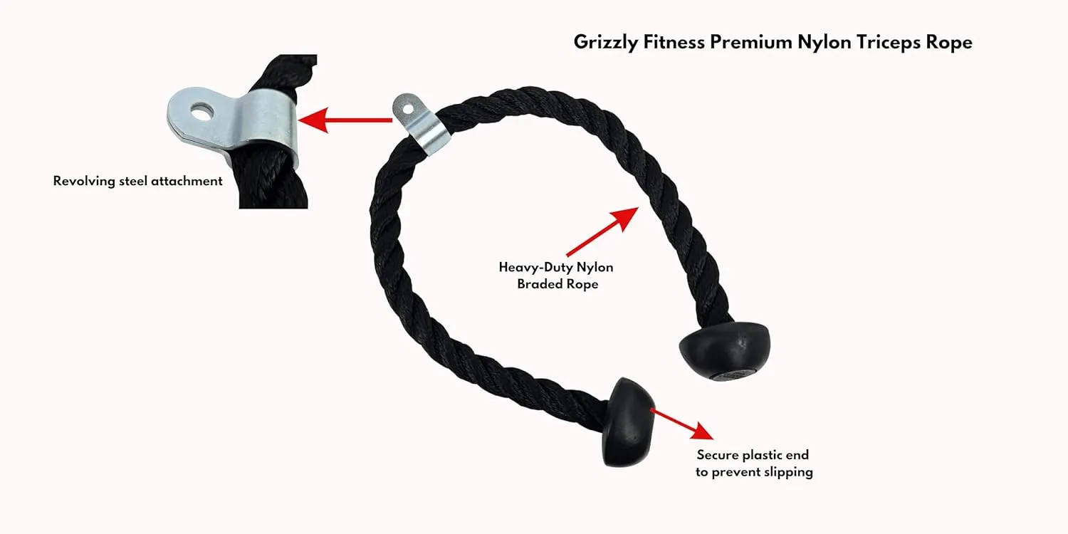 Grizzly Fitness Premium Nylon Tricep Rope Cable Attachment | Heavy-Duty Dual Ball Grip Rope For Cable Machines | Solid Woven Rope & Steel | For Ticeps, Face Pulls & Pulldowns | Workout Rope