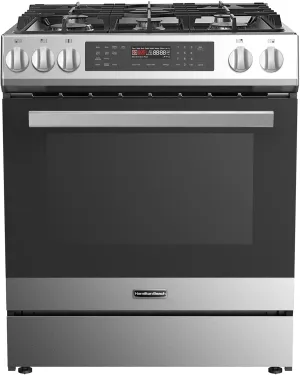 Hamilton Beach HBRD37AMZ 30” Dual Fuel Gas Range Stove and Electric Oven with LED Touch Control, 5 Cooktop Burners, Heavy-Duty Metal Knobs, Cast Iron Grates, and Stainless Steel Cooking Racks