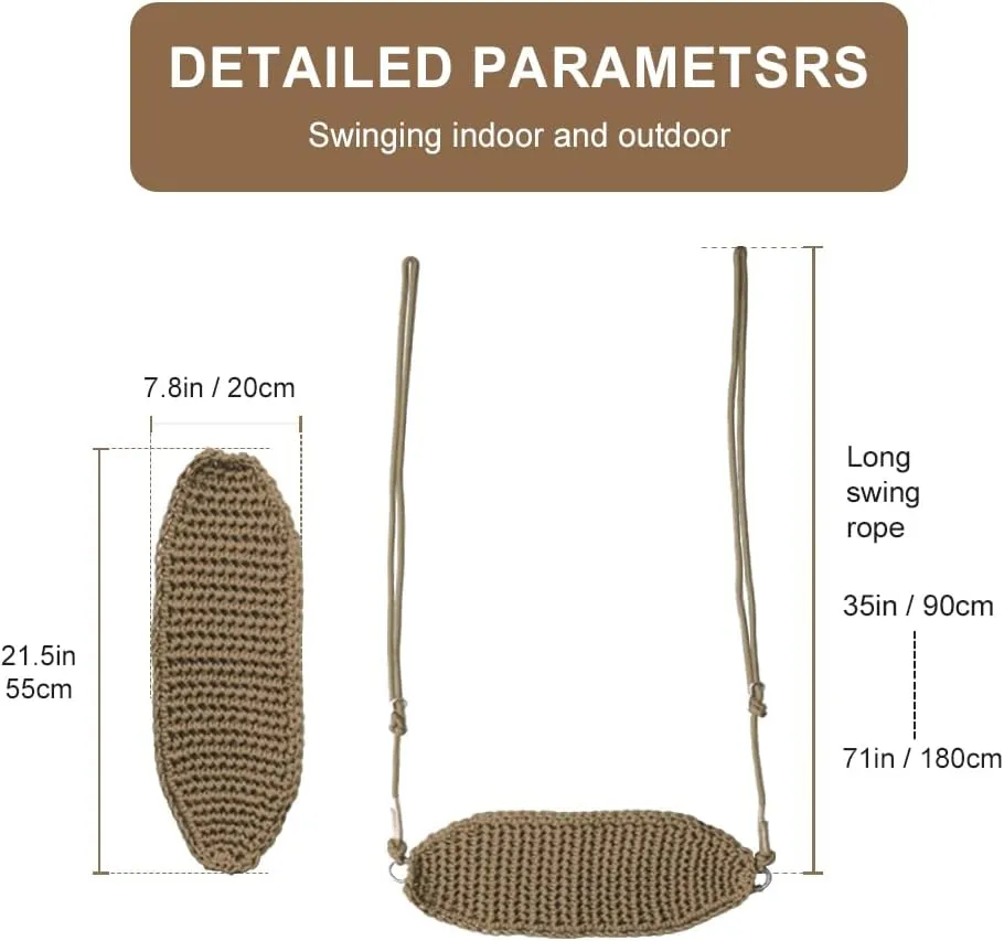 Hand-Knitting Kids Swing, Indoor Outdoor Portable Tree Swing Seat,Adjustable Ropes, with Hanging Strap and Snap Hook for Camping Hiking Backyard Playset and Playroom, Easy Install(Light Brown)
