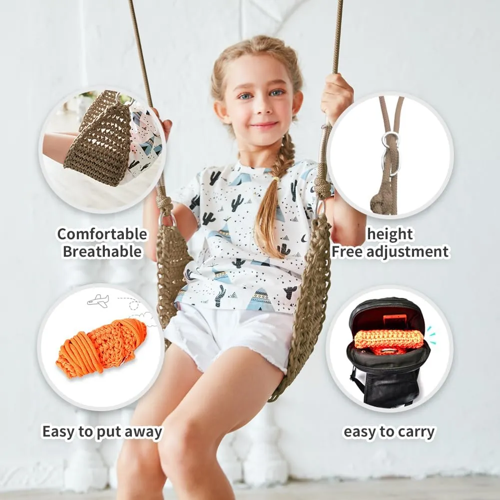 Hand-Knitting Kids Swing, Indoor Outdoor Portable Tree Swing Seat,Adjustable Ropes, with Hanging Strap and Snap Hook for Camping Hiking Backyard Playset and Playroom, Easy Install(Light Brown)