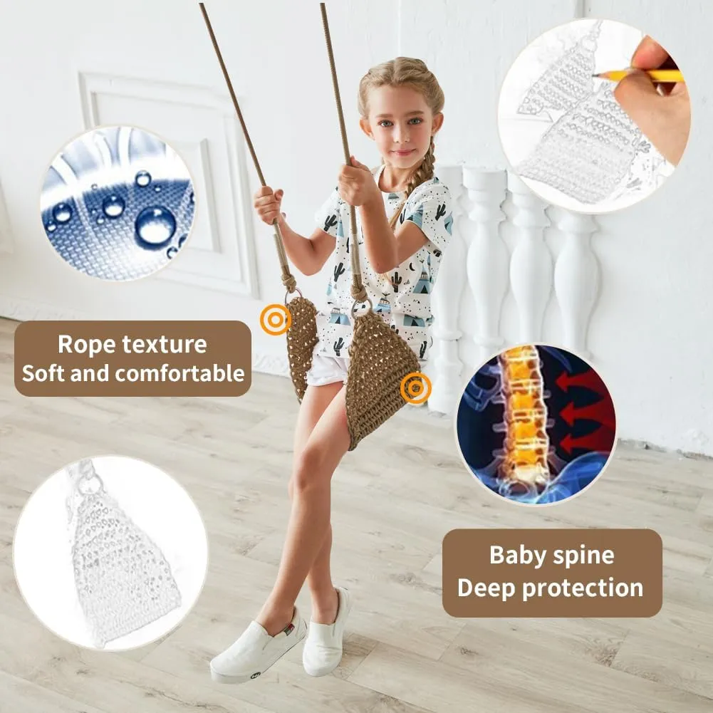 Hand-Knitting Kids Swing, Indoor Outdoor Portable Tree Swing Seat,Adjustable Ropes, with Hanging Strap and Snap Hook for Camping Hiking Backyard Playset and Playroom, Easy Install(Light Brown)