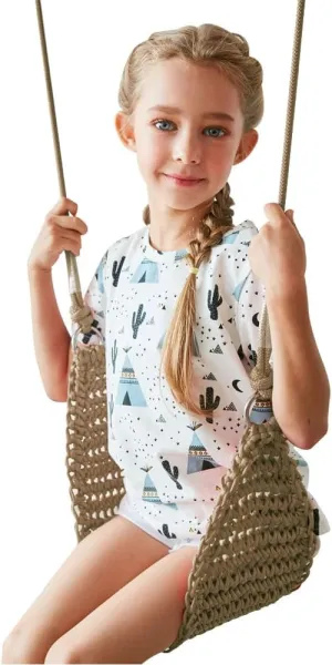 Hand-Knitting Kids Swing, Indoor Outdoor Portable Tree Swing Seat,Adjustable Ropes, with Hanging Strap and Snap Hook for Camping Hiking Backyard Playset and Playroom, Easy Install(Light Brown)