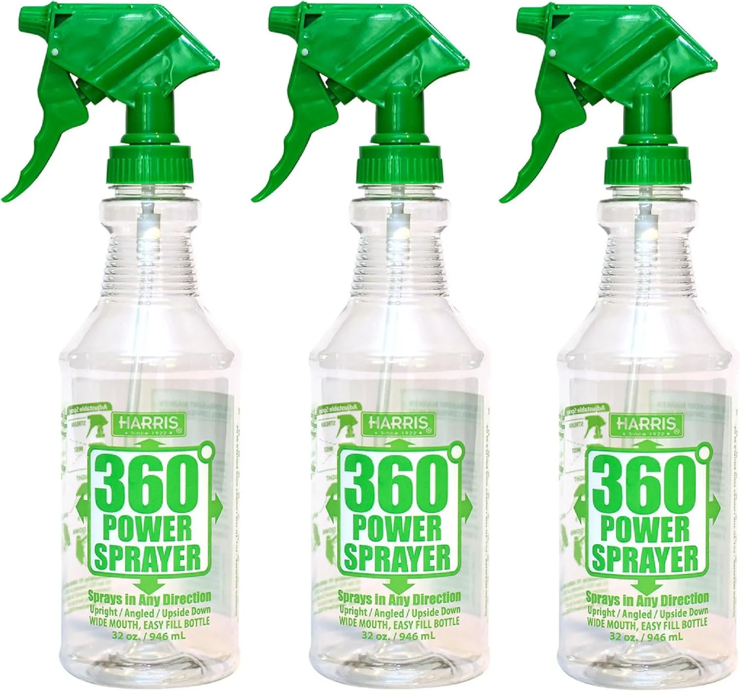 HARRIS Professional Wide Mouth 32oz Empty Spray Bottles for Cleaning Solutions (3-Pack), All-Purpose with Clear Finish, Pressurized Sprayer, Adjustable Nozzle and Measurements