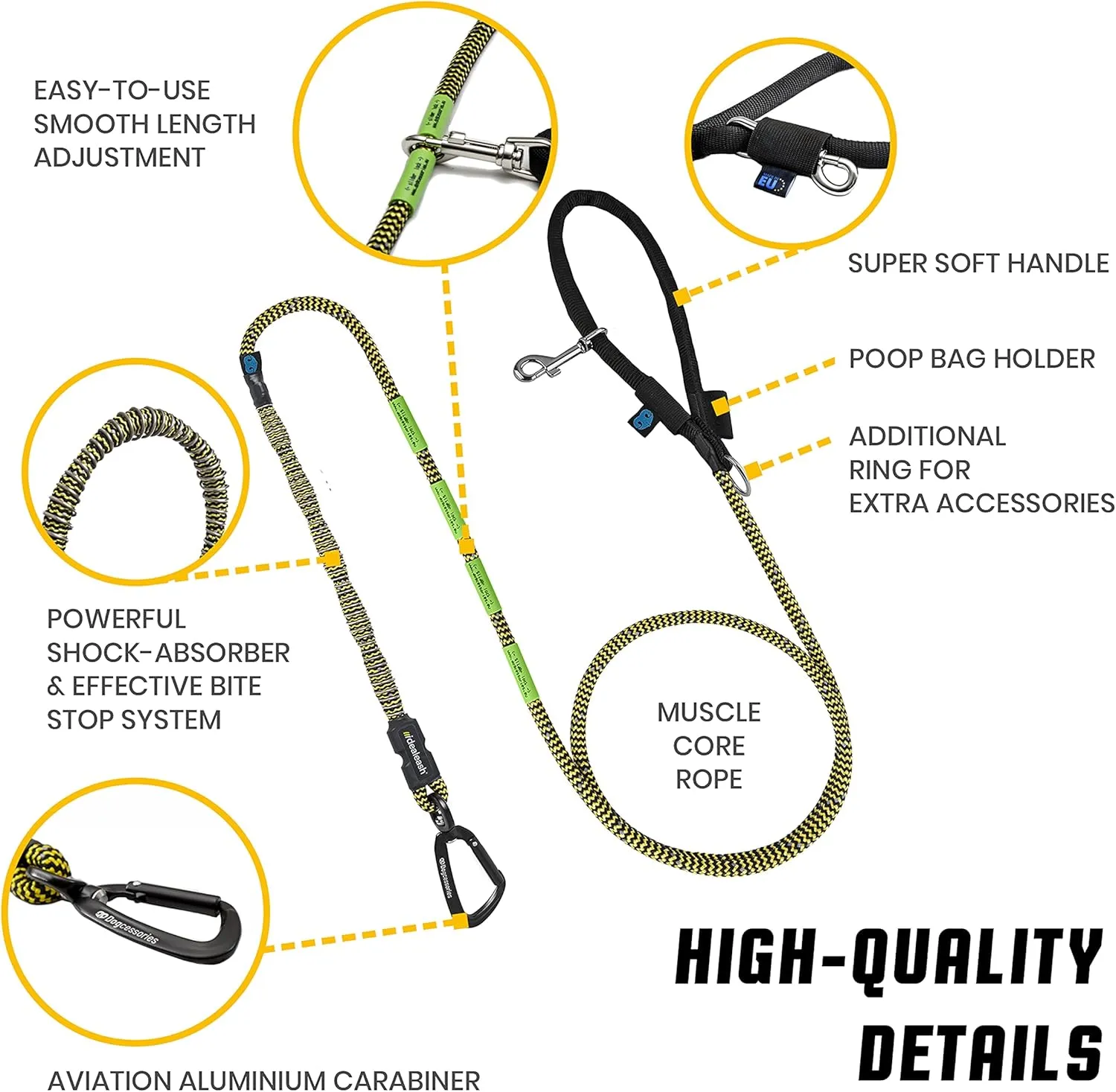 Heavy Duty Dog Leash - Dog Training Leash for Dog - Shock Absorbing Bungee Dog Leashes - Chew Proof Dog Leash - Extreme Durability Safety Hands Free Dog Leash for Medium and Large Dogs FT 22~44 lbs