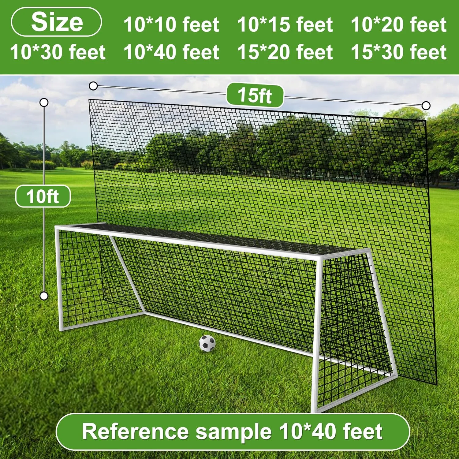 Heavy Duty Nylon Soccer Net, Easy to Install Sport Netting Barrier with Rope and Buckles, 10ft/15ft/20ft/30ft/40ft
