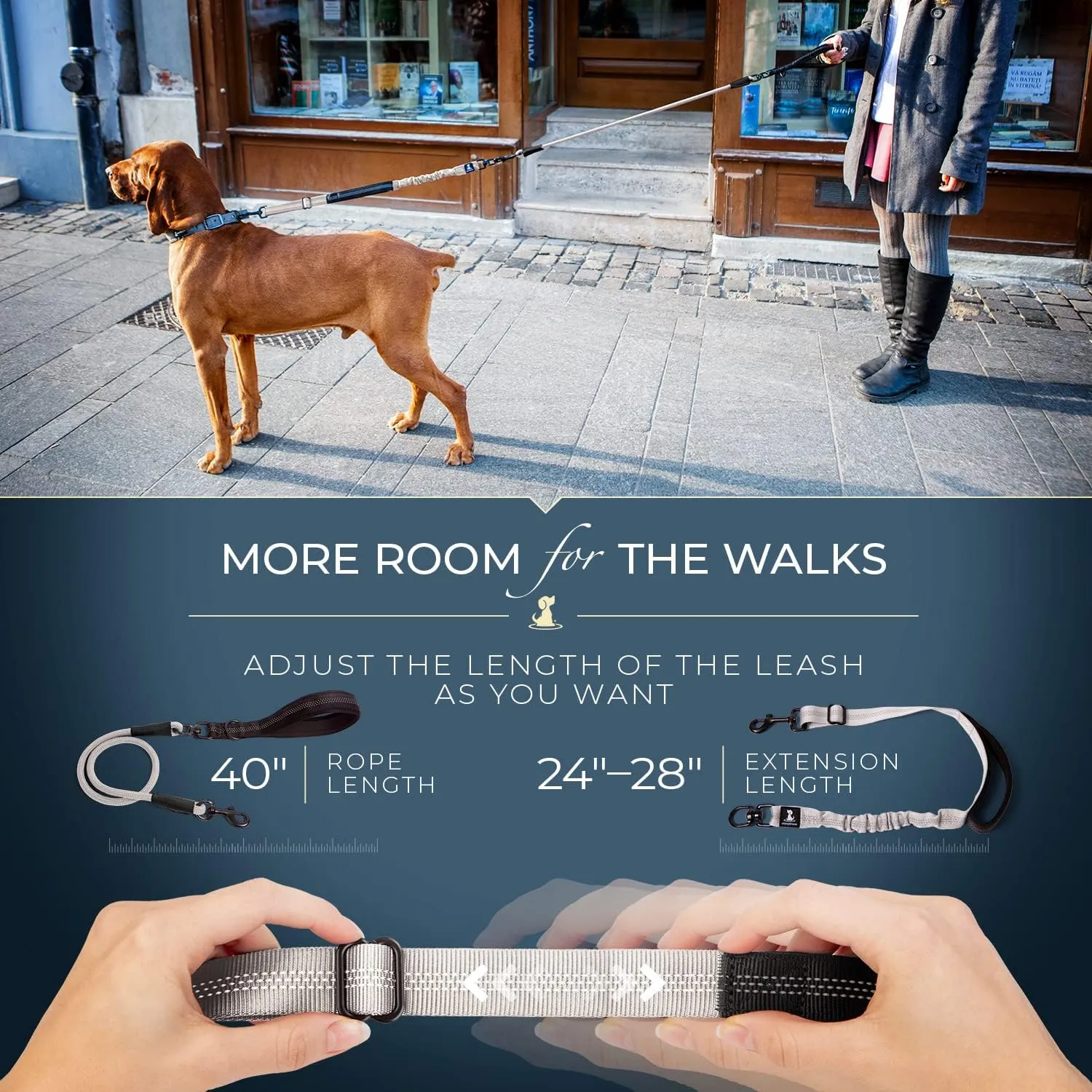 Heavy Duty Rope Bungee Leash for Large and Medium Dogs with Anti-Pull for Shock Absorption - No Slip Reflective Leash for Outside (Adjustable Premium Silver, Bungee Leash- 5.5 Ft)