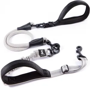 Heavy Duty Rope Bungee Leash for Large and Medium Dogs with Anti-Pull for Shock Absorption - No Slip Reflective Leash for Outside (Adjustable Premium Silver, Bungee Leash- 5.5 Ft)