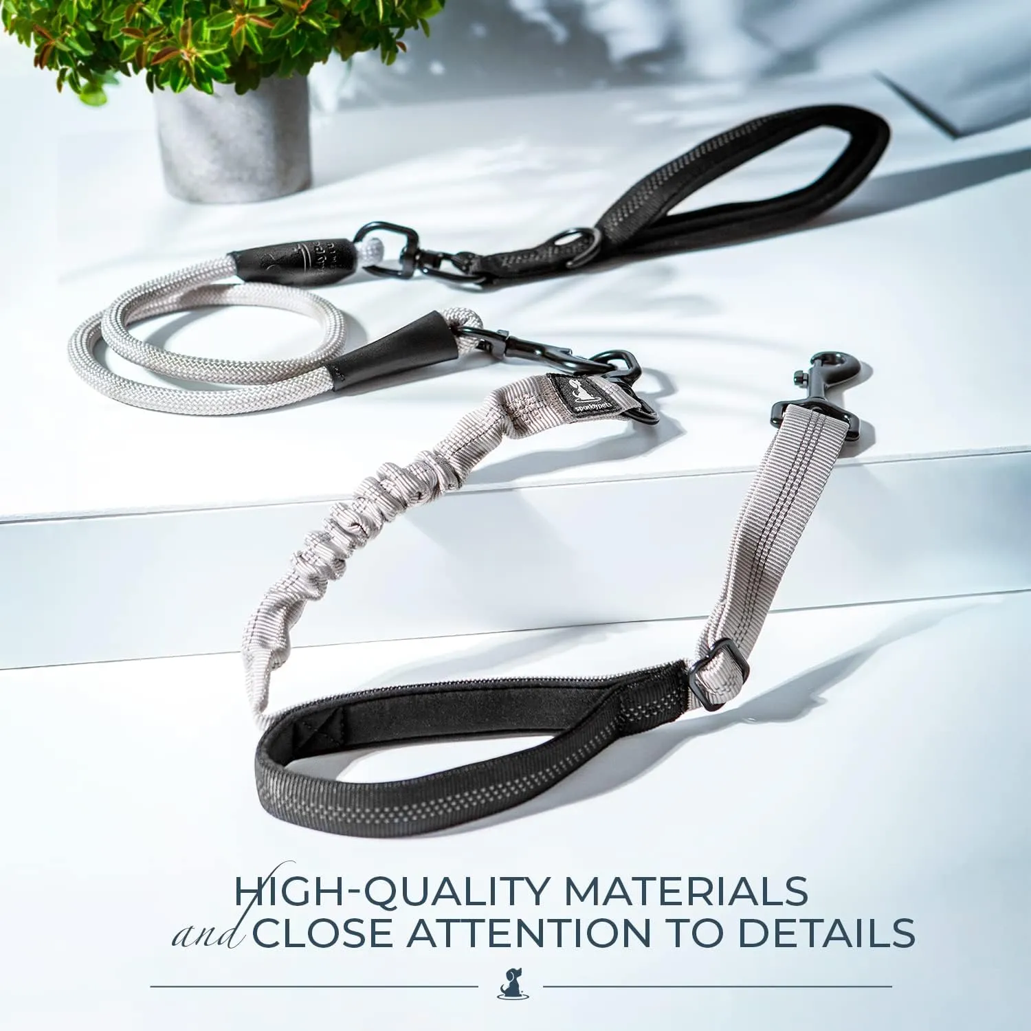 Heavy Duty Rope Bungee Leash for Large and Medium Dogs with Anti-Pull for Shock Absorption - No Slip Reflective Leash for Outside (Adjustable Premium Silver, Bungee Leash- 5.5 Ft)