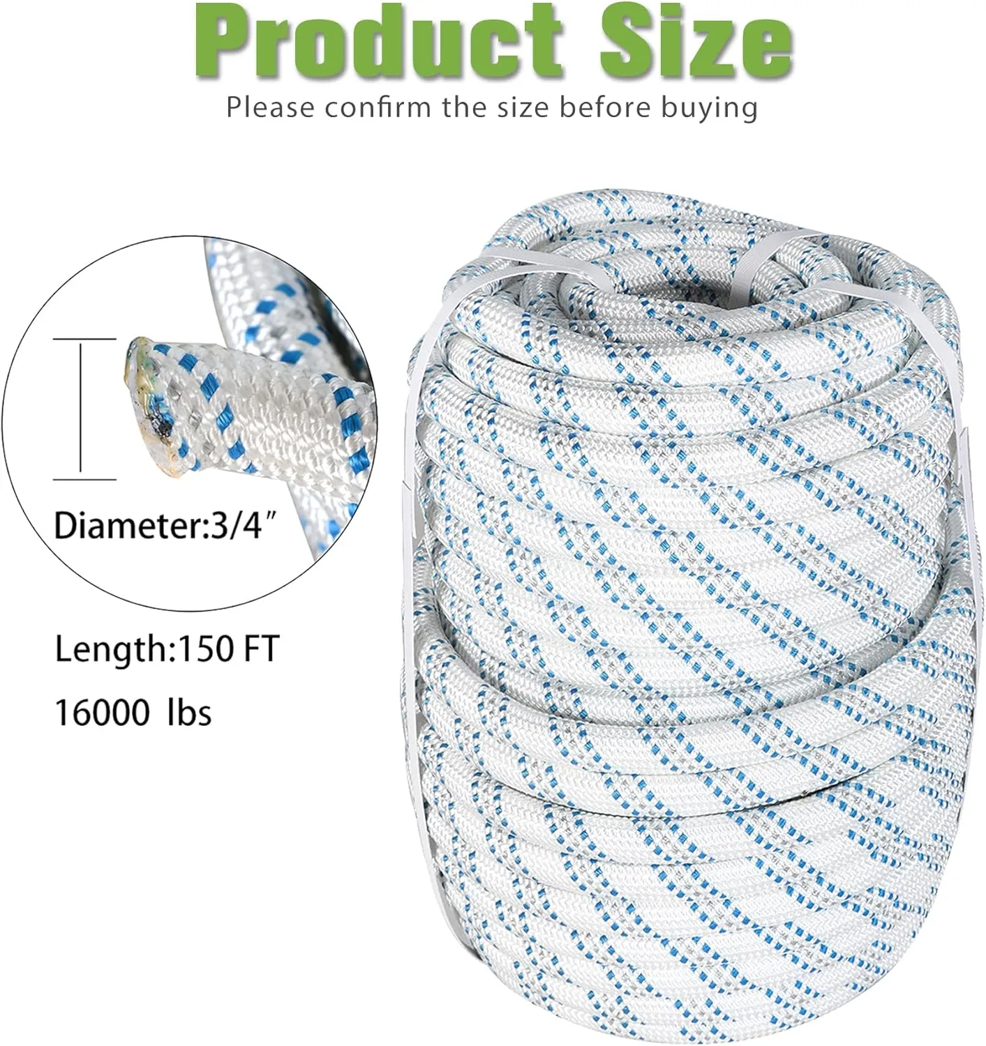 High Strength Braid Cord Nylon Pulling Rope Polyester Rope Multipurpose Bull Arborist Rigging 3/4in x 150ft White Grey Blue