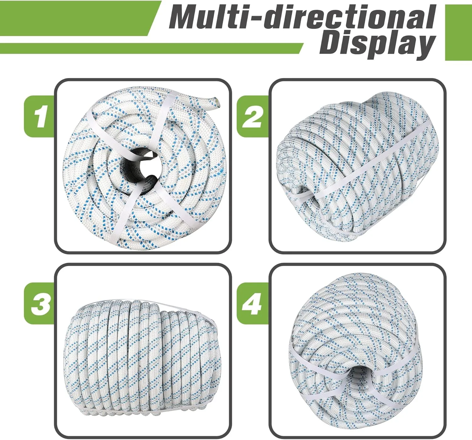 High Strength Braid Cord Nylon Pulling Rope Polyester Rope Multipurpose Bull Arborist Rigging 3/4in x 150ft White Grey Blue