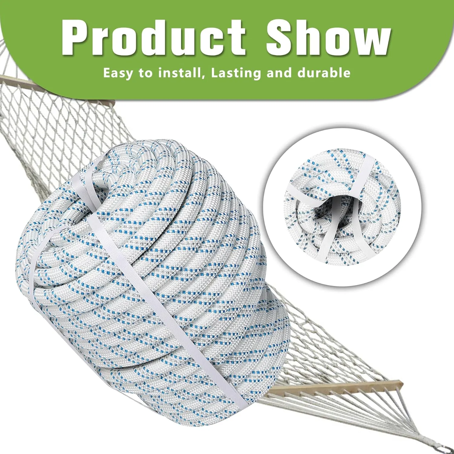 High Strength Braid Cord Nylon Pulling Rope Polyester Rope Multipurpose Bull Arborist Rigging 3/4in x 150ft White Grey Blue