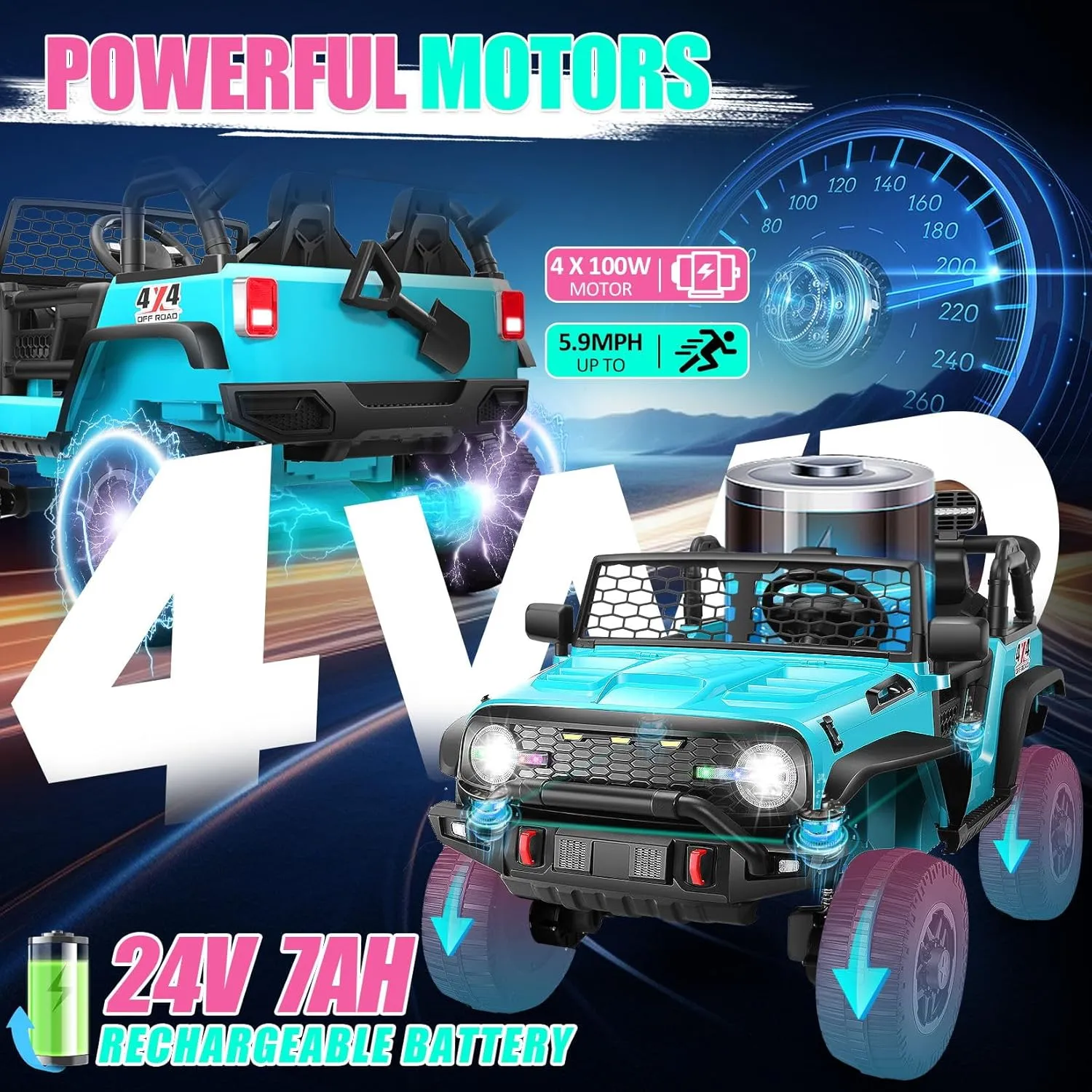 Hikole 24V Ride on Cars for Big Kids, w/Remote Control, 4wd/2wd Switch, Big Wheel Car SUV, 5Mph, Driving/Reverse, 20" Spacious Seat, Wheeler Suspension, Driving Sounds, Shovel, Music Player, Blue