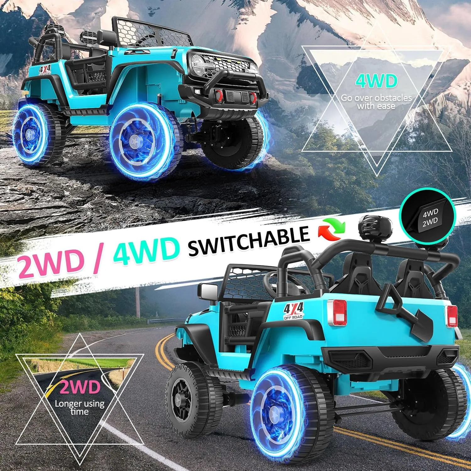 Hikole 24V Ride on Cars for Big Kids, w/Remote Control, 4wd/2wd Switch, Big Wheel Car SUV, 5Mph, Driving/Reverse, 20" Spacious Seat, Wheeler Suspension, Driving Sounds, Shovel, Music Player, Blue