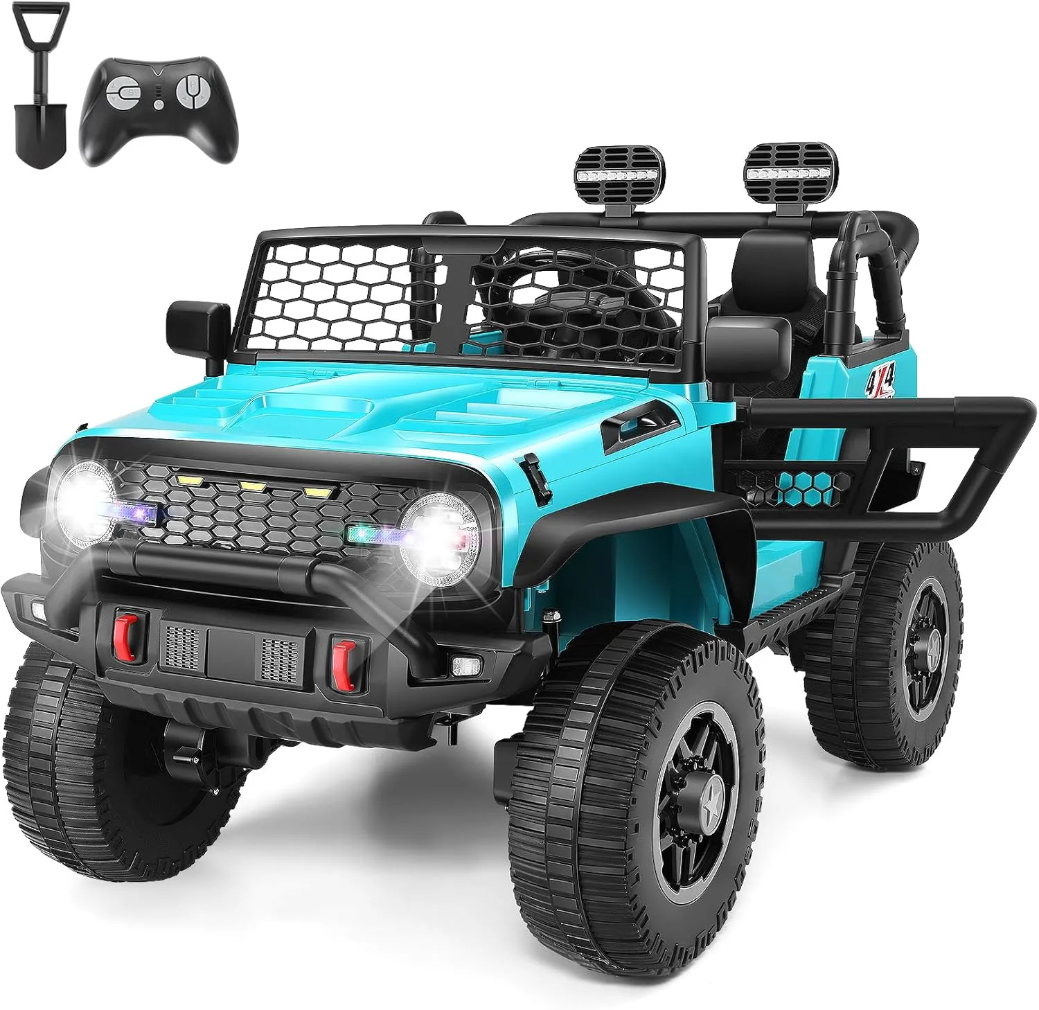 Hikole 24V Ride on Cars for Big Kids, w/Remote Control, 4wd/2wd Switch, Big Wheel Car SUV, 5Mph, Driving/Reverse, 20" Spacious Seat, Wheeler Suspension, Driving Sounds, Shovel, Music Player, Blue