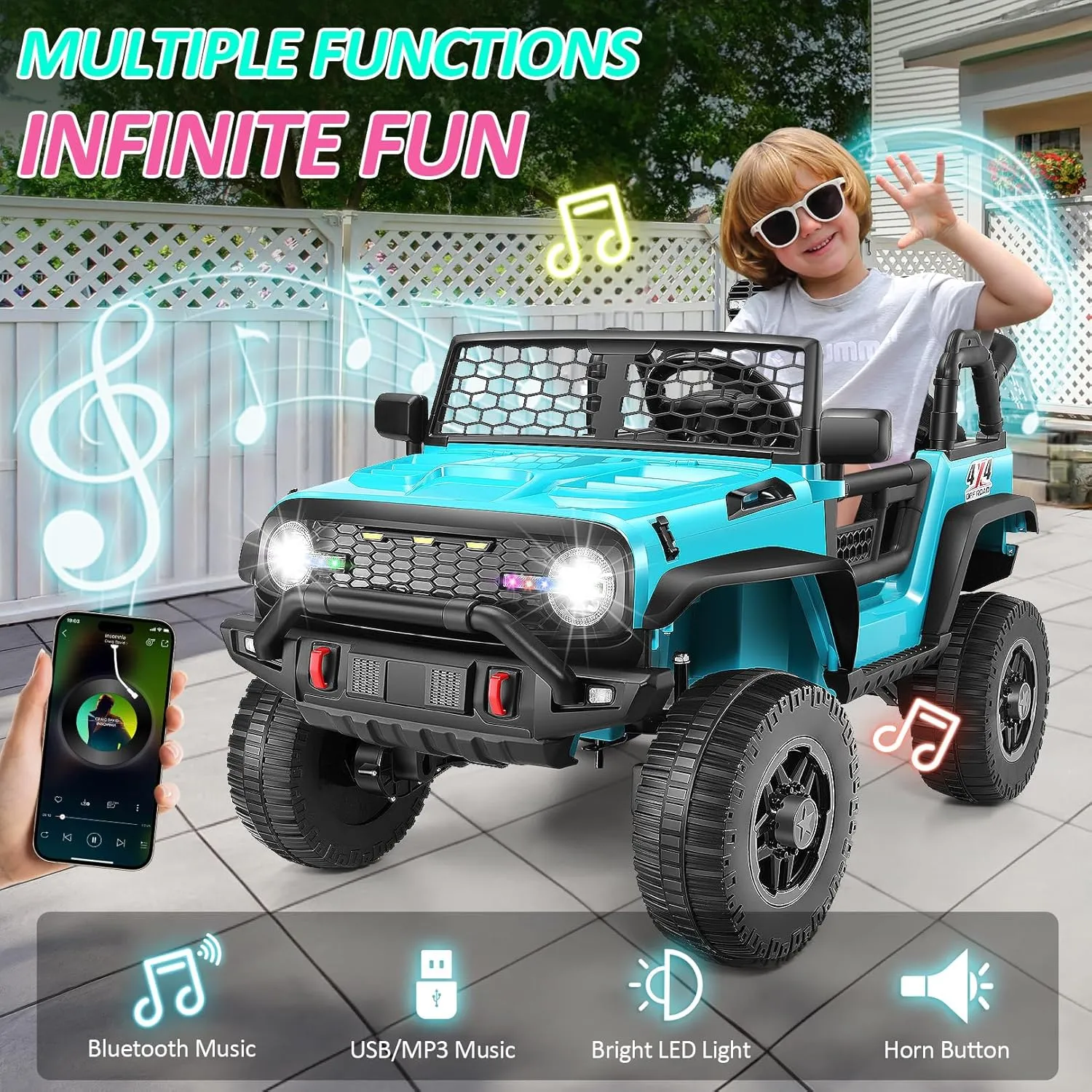Hikole 24V Ride on Cars for Big Kids, w/Remote Control, 4wd/2wd Switch, Big Wheel Car SUV, 5Mph, Driving/Reverse, 20" Spacious Seat, Wheeler Suspension, Driving Sounds, Shovel, Music Player, Blue