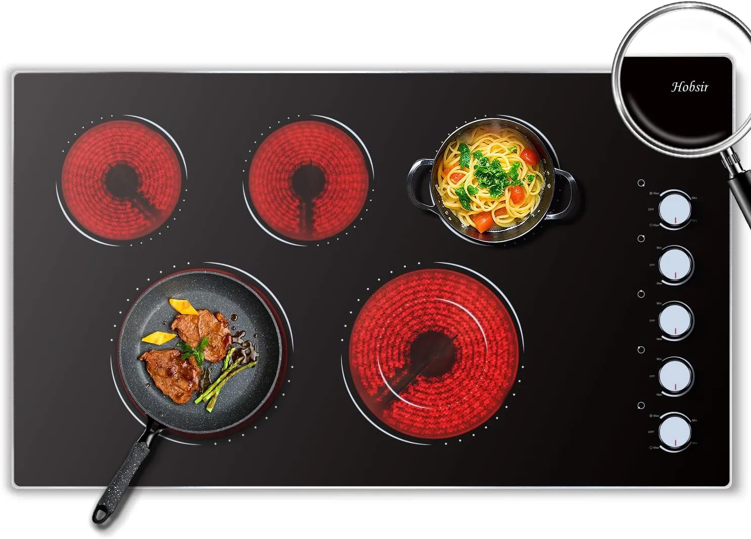 Hobsir Electric Cooktop 36 Inch, Electric Stove Top Burner, 5 Burners 36 Cooktop, Knob Control 8400W Drop-in Ceramic Stove with Glass Metal Frame, Dual Ring, 220-240V, Hard Wired (No Plug) Cooktops