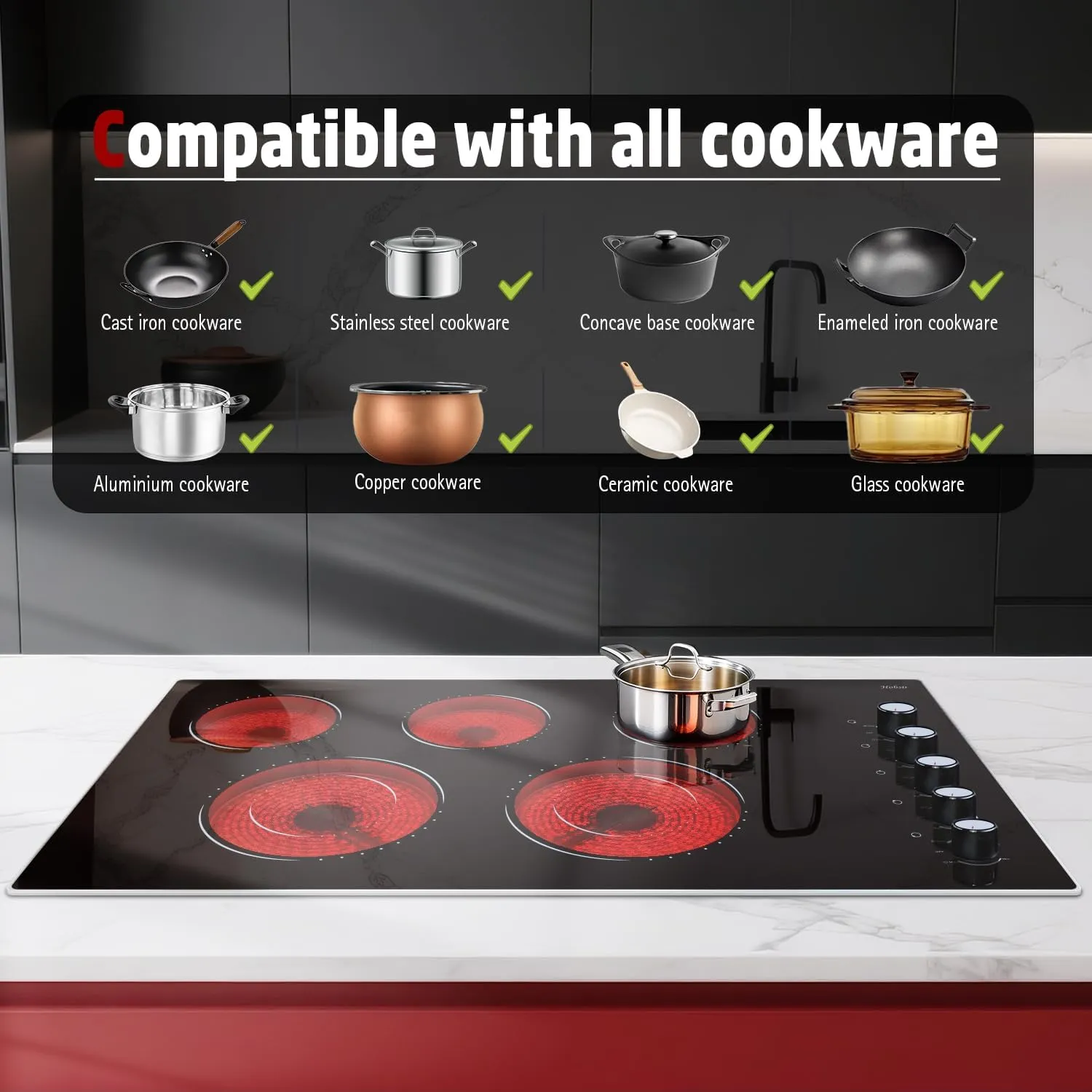 Hobsir Electric Cooktop 36 Inch, Electric Stove Top Burner, 5 Burners 36 Cooktop, Knob Control 8400W Drop-in Ceramic Stove with Glass Metal Frame, Dual Ring, 220-240V, Hard Wired (No Plug) Cooktops