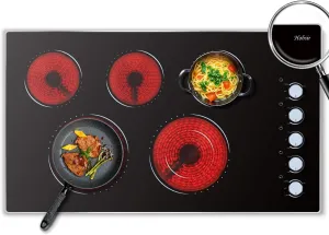 Hobsir Electric Cooktop 36 Inch, Electric Stove Top Burner, 5 Burners 36 Cooktop, Knob Control 8400W Drop-in Ceramic Stove with Glass Metal Frame, Dual Ring, 220-240V, Hard Wired (No Plug) Cooktops