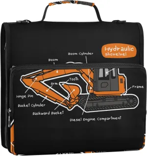 Hydraulic Shovel Excavator Car Zipper Binder, 1.5 inch 3 Ring Binder Organizer Bag with Shoulder Strap and Handle, Multi-Pocket, 500 Sheet Capacity